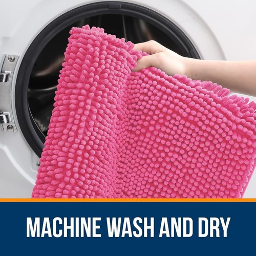 OLANLY U-Shaped Toilet Rug - Extra Soft Chenille Bath Mat, Quick-Dry & Non-Slip | 24x20, Hot Pink