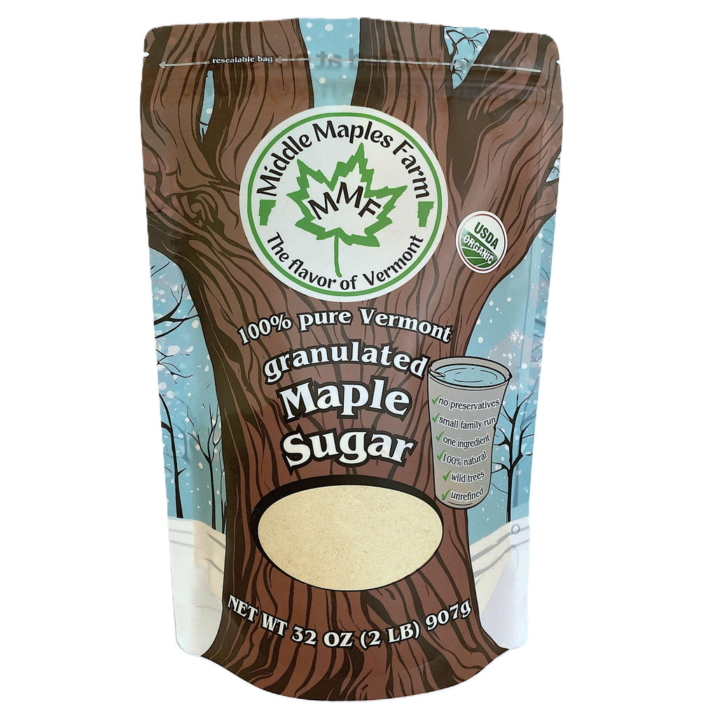 Vermont Pure Powdered Granulated Organic Maple Sugar, Good Cause, Made in the USA, from Middle Maples Farm - 2lb resealable pouch, Raw, Unrefined, Non-GMO, Gluten Free, Nut-Free, No Preservatives, Vegan, No Additives - Great for Desserts, Baking, Dusting,