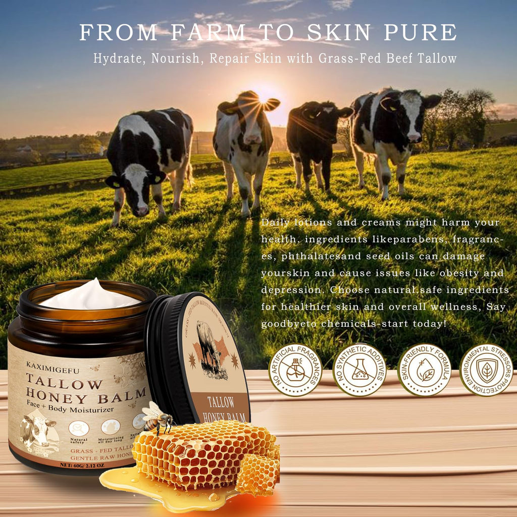 Beef Tallow for Skin - Organic Grass Fed Whipped Moisturizer with Honey Balm, Natural Hydrating Cream for Face & Body, Relief for Dry & Sensitive Skin