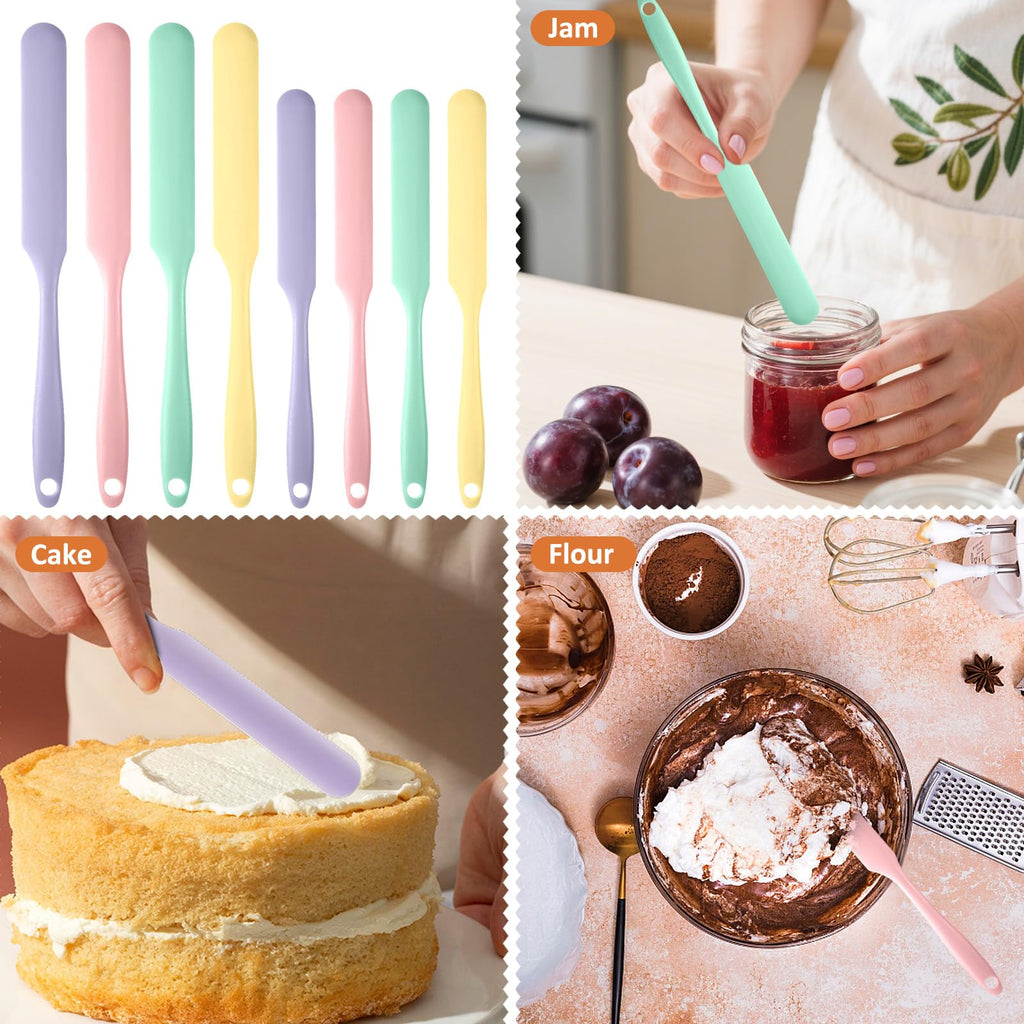 YBEATY 8 PCS Silicone Jar Spatulas Heat Resistant Kitchen Spatulas with Long Handle Cake Cream Butter Spatula Mixing Batter Scrape Jam Spreader for Jars Baking Cake Icing Kitchen Must Have