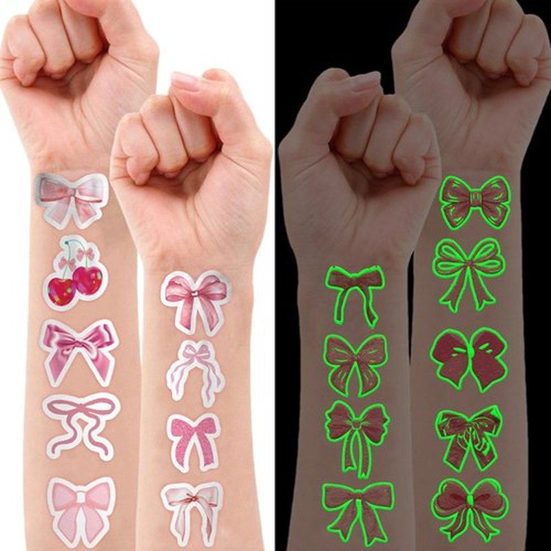 96 PCS Pink Bow Pre-Cut Temporary Tattoos Themed Birthday Party Decorations Decor Supplies Favors Funny Girl Coquette Knot Tattoo Stickers Gifts For Game Boys Girls Classroom School Prizes (Glow)