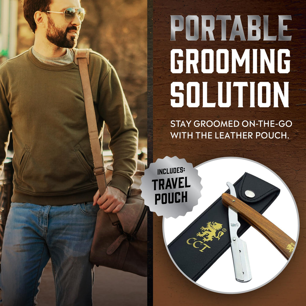 Cambridge Cutthroat Open Blade Razor for Men - Stainless Steel Handle, Swing-Lock Single Edge Cut Throat Razor with Leather Travel Pouch, Beard Shaping & Wet Shaving (10 Blades Included)