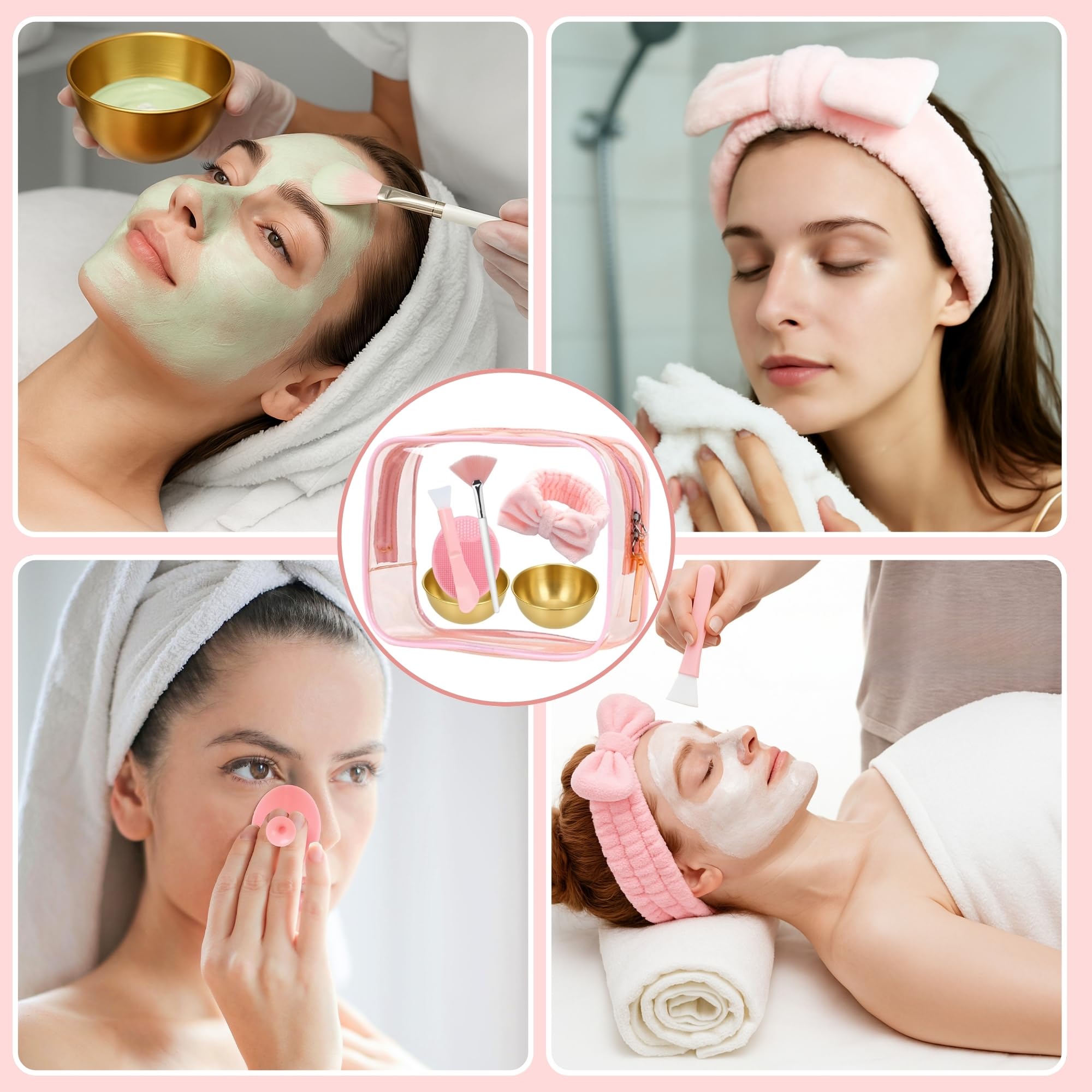 7 Pcs Esthetician Supplies Set for Facials - 2 Gold Facial Bowls, 1 Facial Fan Brushes, 1 Flat Brush, 1 Pink Facial Headbands, 1 Silicone Facial Cleansing Brush, Clear Cosmetic Bag