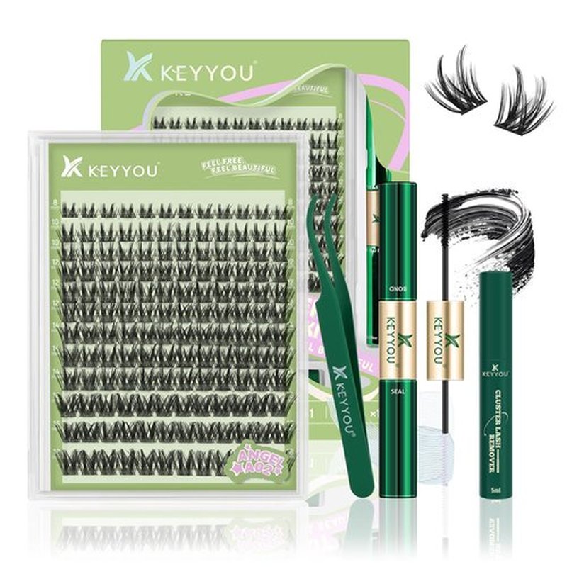 KEYYOU LASH Extension Kit 144Pcs Angel Lash Clusters Kit Thick Eyelash Extension Kit with Glue and Seal,Tweezers,Remover for DIY lash extension kit at Home（Kit-Angel A02-D-8-18MIX）