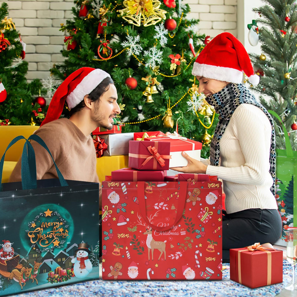 AhfuLife 12PCS Extra Large Christmas Gift Bags, 15.7'' x 14.2''x 5.9'', Christmas Tote Bags with Handles, Reusable Non-woven Shopping Bag for New Year, Xmas's Party Supplies Decorations