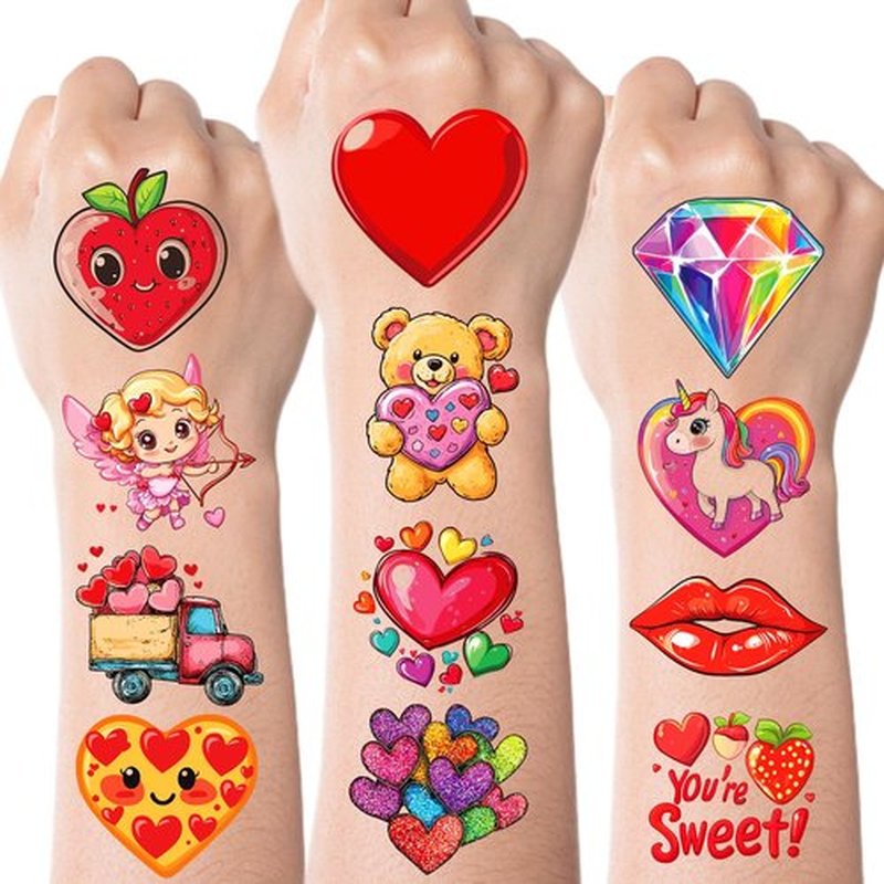 JCFIRE 96Pcs Valentines Day Stickers for Kids Temporary Tattoos, Heart Stickers for Valentines Day Gifts for Kids Classroom Exchange, Waterproof Decals for Party Favors, Goodie Bags, Crafts