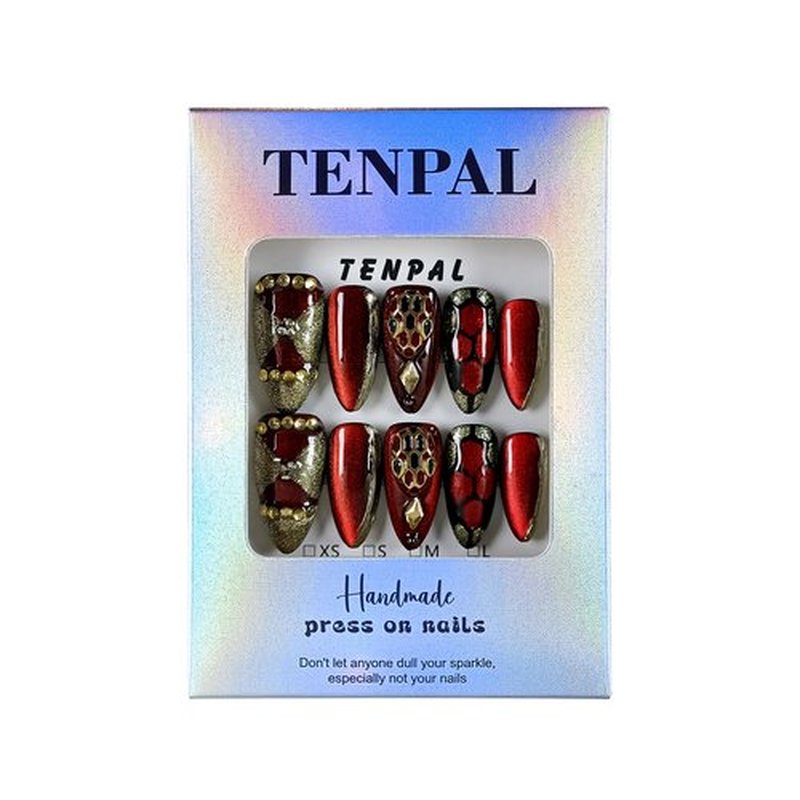 TENPAL 10Pcs Handmade Press On Nails Almond,Gothic Siren Fake Nails with Dramatic Cat Eye & Crimson Glow,Edgy Red & Black Glue on Nail Set with Tools,Glossy Vampy Nails for Concerts Night Events(M)