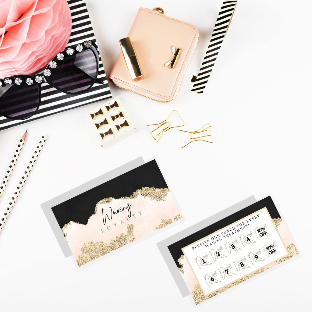 Boutique Marketing Waxing Loyalty Discount Cards | 50 Pack | Size 2x3.5'' inches Business Card Size | Matches Waxing Aftercare Kit Cards PMU | Black, Pink, and Gold Design