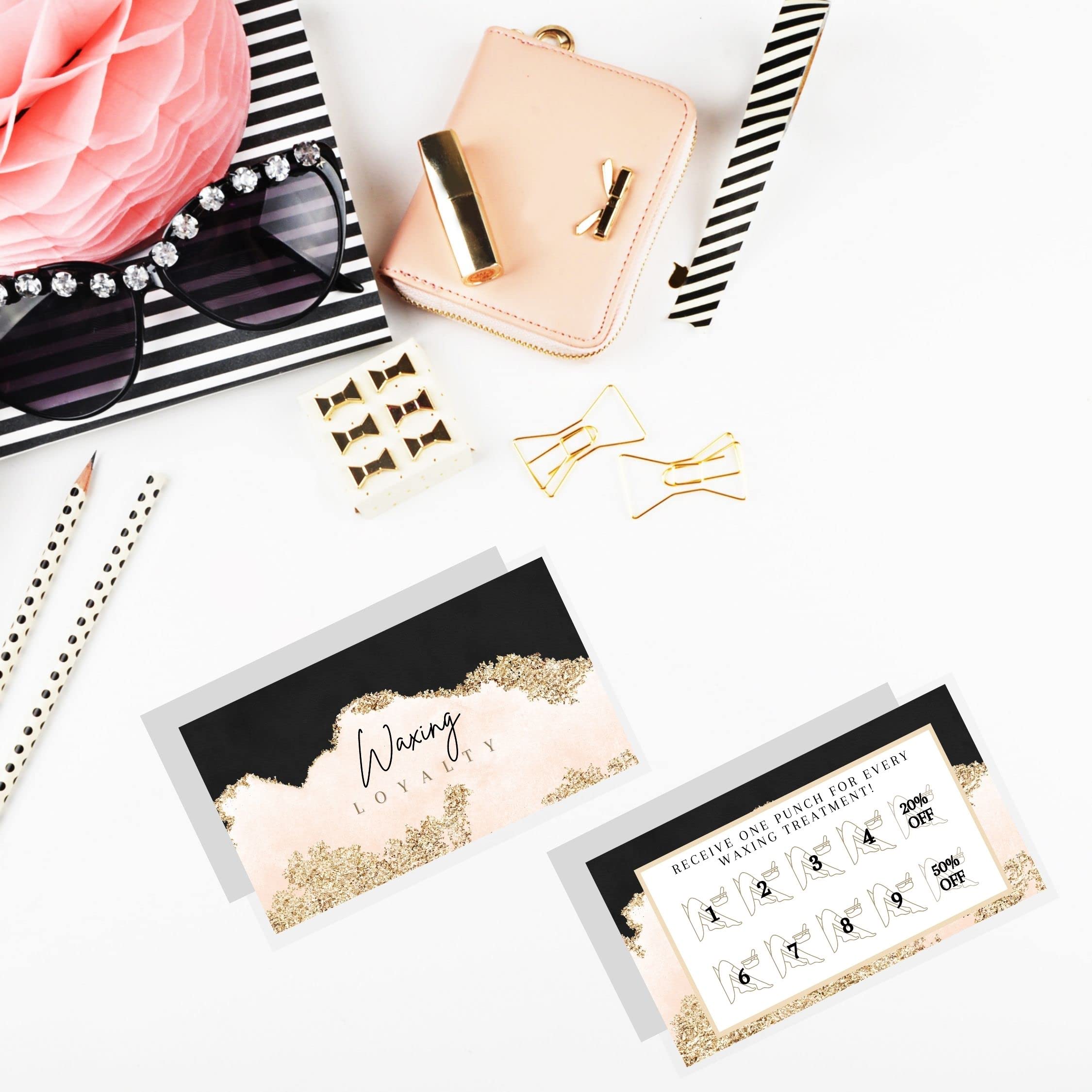 Boutique Marketing Waxing Loyalty Discount Cards | 50 Pack | Size 2x3.5'' inches Business Card Size | Matches Waxing Aftercare Kit Cards PMU | Black, Pink, and Gold Design