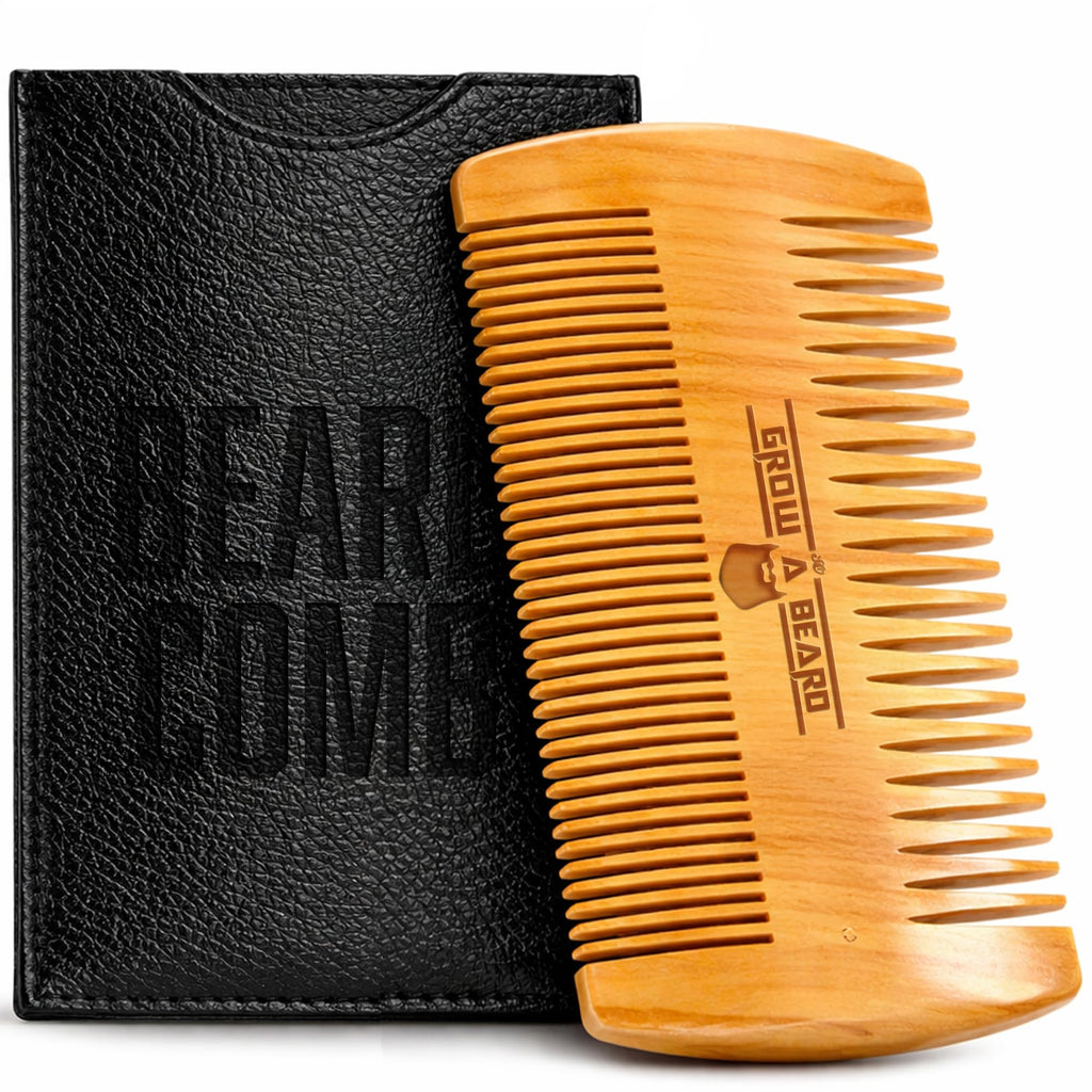 Wooden Beard Comb for Men & Case, Great Mustache Comb for Men, Dual Action Beard & Mustache Comb With Fine & Coarse Teeth, Mens Pocket Wood Comb, Peine Para Barba de Hombre, Fathers Day Gift