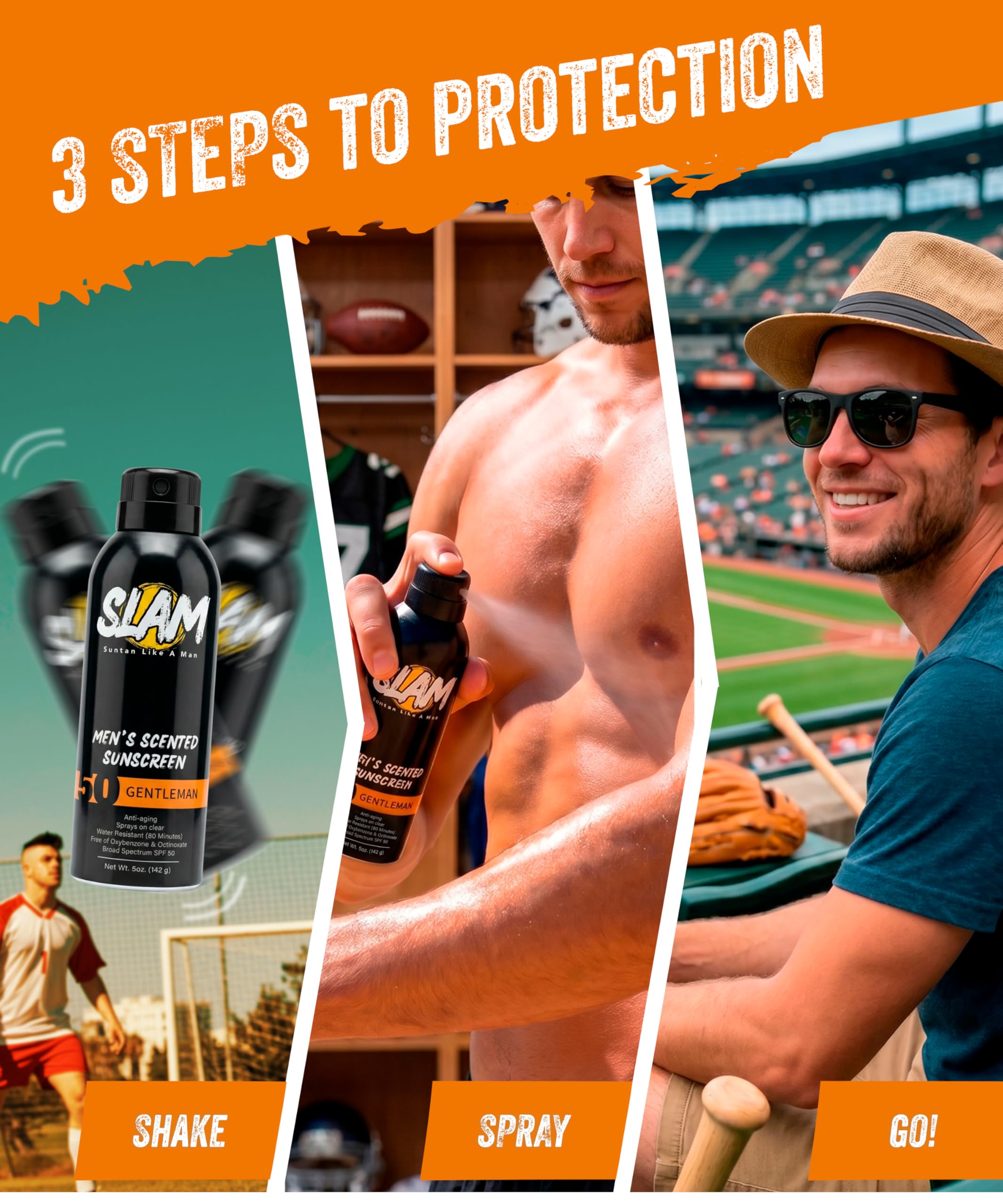 SLAM Men’s Sunscreen SPF 50 Spray - Broad Spectrum UVA/UVB Protection - Non-Greasy & No Harsh Chemicals - GentleMan Bergamot Cedar Patchouli Cologne Scented - 2 Pack