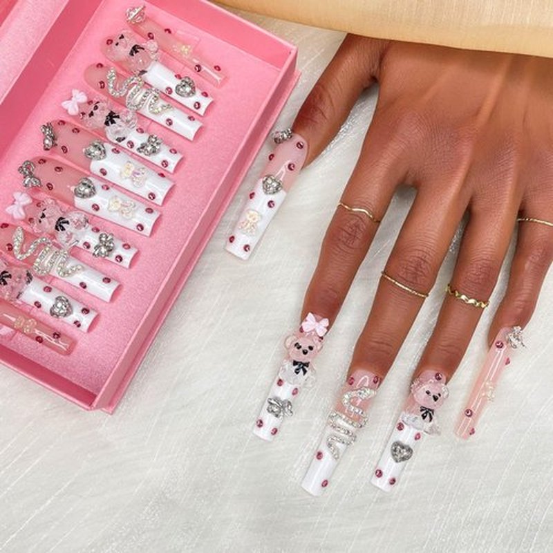 GGddsha 2025 Long Pmma Acrylic Handmade Nail Design Novelty with Rhinestone Bear Love Snake Design Glossy Nail, Reusable Nail Set with Box Gift for Women (White-pink, M)