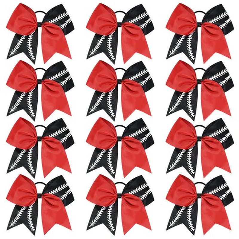 DEEKA 12 PCS Softball Cheer Bows with 2 Glitter Stitching Two Toned Cheerleader Team Bows Elastic Band for Softball Sports Girls (Red/Black+White Stitching)