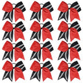 DEEKA 12 PCS Softball Cheer Bows with 2 Glitter Stitching Two Toned Cheerleader Team Bows Elastic Band for Softball Sports Girls (Red/Black+White Stitching)