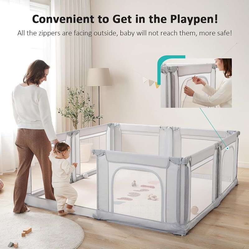 Doradotey Baby Playpen - Adjustable Large Playard for Babies & Toddlers | Foldable Indoor Play Center, Light Grey 180x200x68cm