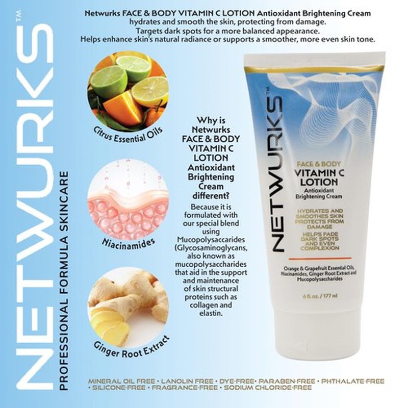 NetWurks Vitamin C Lotion, Antioxident Cream for Face & Body, Smoothes & Hydrates Skin, Helps Reduce Blemishes, Fine Lines, & Wrinkles, 6 Fl Oz