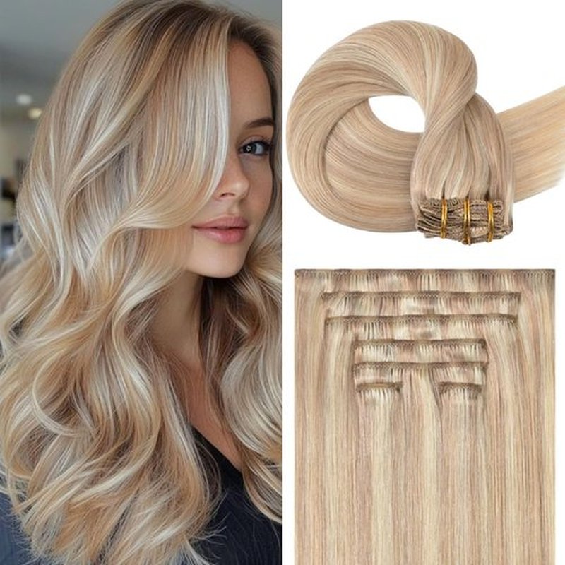 Hair Extensions Real Human Hair 12 Inches 75g Golden Blonde Highlights Hair Extensions Clip Ins Natural Silky Straight Blonde Extensions for Women Real Hair #16/22 7pcs