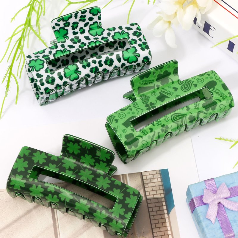 Vovii 3Pcs Shamrock Hair Claw Clips for Women St. Patrick's Day Accessories, Green Clover Style Square Clips Irish Hair Accessories For Thin Thick Hair Holiday Party Favors