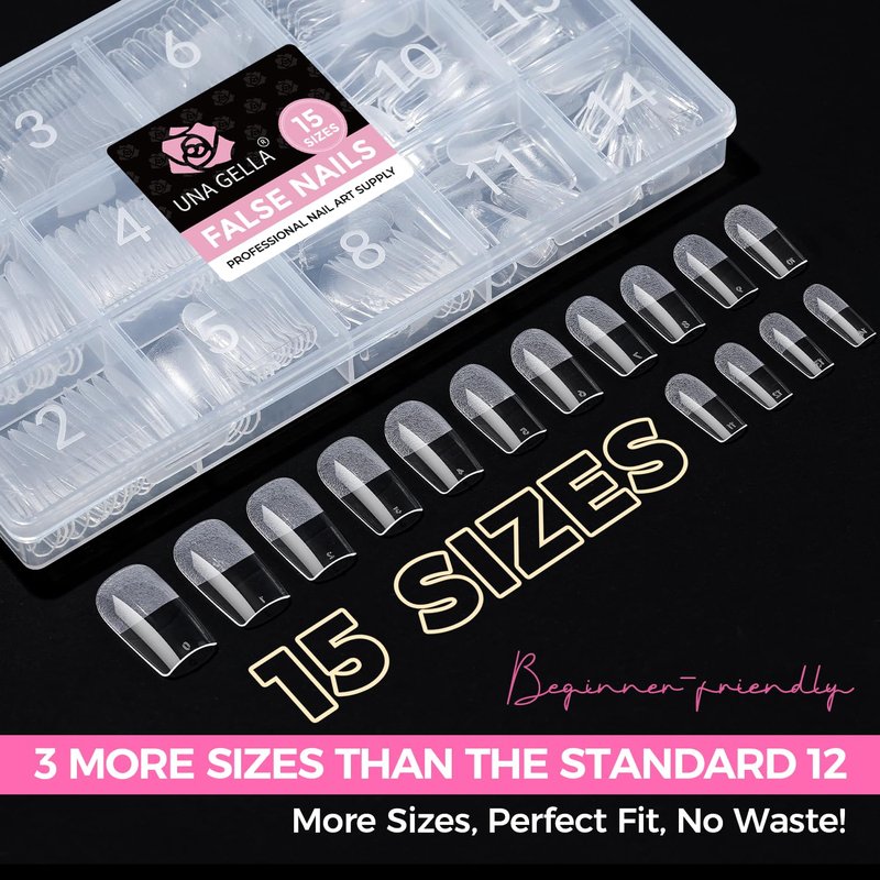 UNA GELLA Square Gel Nail Tips 15 Sizes Medium Square Press on Nails Pre Etched 300pcs Soft Gel Fake Nails Full Cover For Nail Extension Home DIY Nail Salon for Women