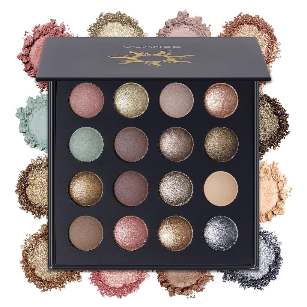 UCANBE Baked Eyeshadow Palette - 16 Highly Pigmented Nude Shades with Matte & Glitter Finish