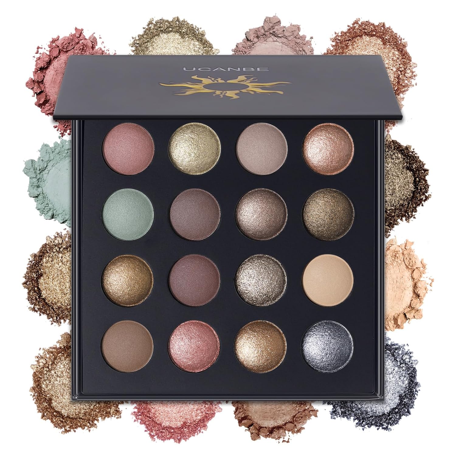 UCANBE Baked Eyeshadow Palette - 16 Highly Pigmented Nude Shades with Matte & Glitter Finish