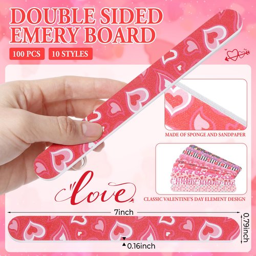 Lanties 100 Pack Valentines Nail Files Gift Bulk for Women Pink Red Heart Strips Emery Boards 7 Inch Large 180 Grit Double Sided Nail Files for Holiday Party Favors Women Customers Coworkers Staff
