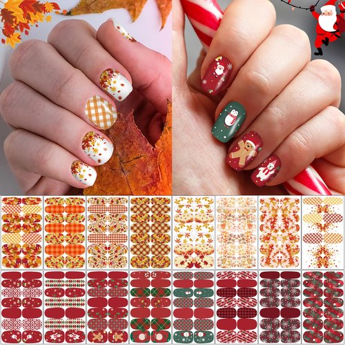 16 Sheets Holiday Nail Wraps Stickers, Christmas Thanksgiving Day Fall Winter All Seasonal Full Nail Polish Strips, DIY Self-Adhesive Nail Art Decals with 2 Piece Nail Files for Party Decor (224 Pcs)
