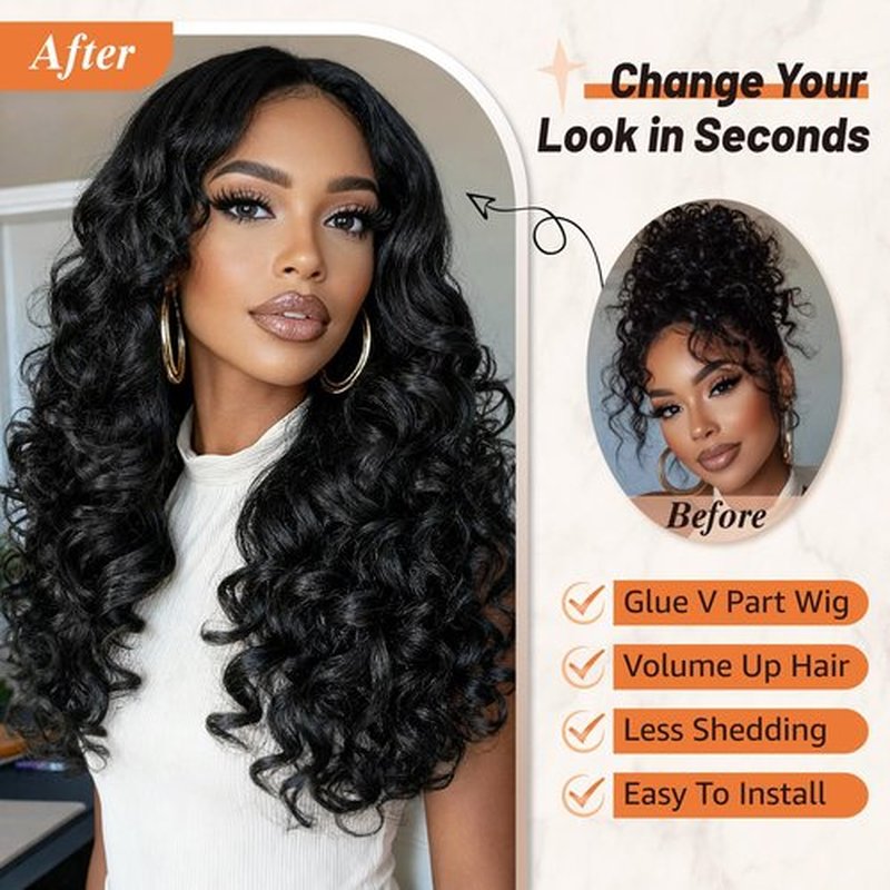 Rafabcici V Part Yaki Curly Wig for Black Women,26 Inch Premium Upgraded Synthetic Afro Curly Half Wig with Clips,Natural Texture No Leave Out(Natural Black)