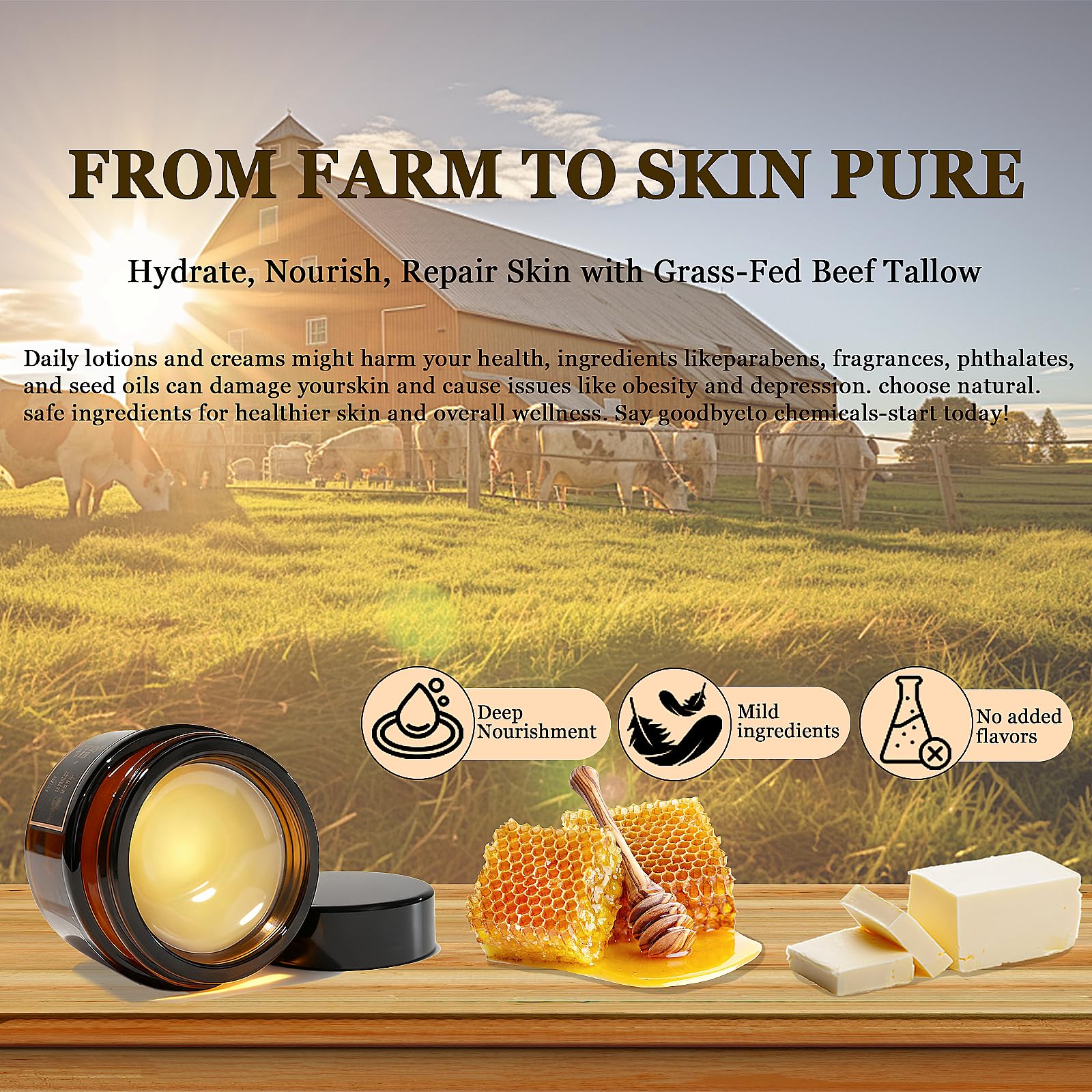 Loobexery Organic Grass-Fed Tallow Honey Balm, Beef-Tallow for Skin Whipped Beef Tallow and HoneyBalm with Raw Honey - Natural Beef Tallow Face Moisturizer for Body & Face (2 Oz)