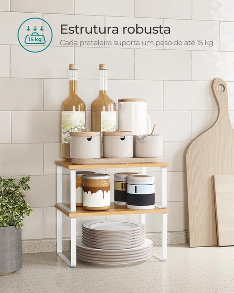 SONGMICS Kitchen Organizer Shelves - Set of 2 Stackable Spice Racks in Cloud White & Natural Beige