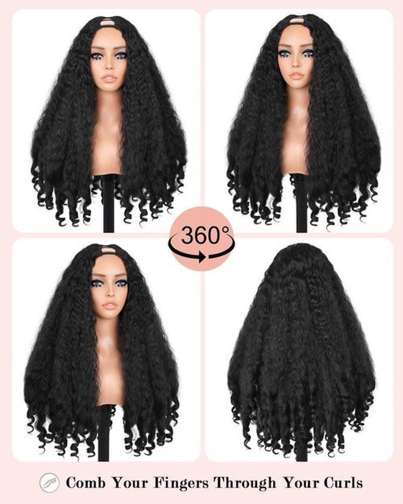Cemuto Afro Curly Wig V Part Kinky Straight with Bouncy Curly Ends Fluffy Bouncy Hair Wigs Natural Black 24 Inch for Black Women