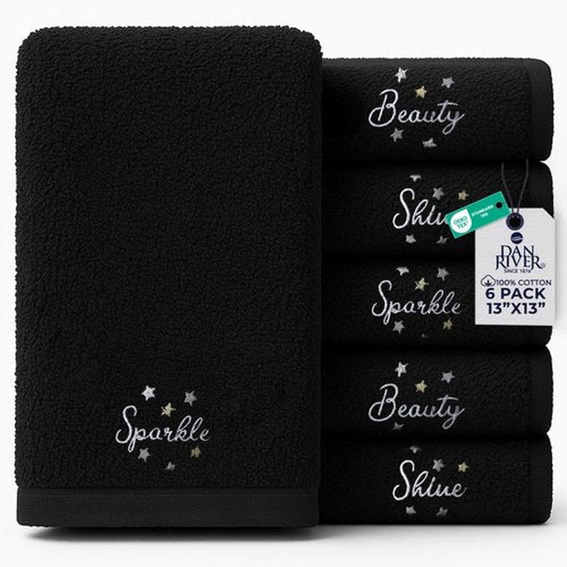 DAN River Black Makeup Towels - Pack of 6 (13x13 in) - Ultra Soft Cotton Face Towels with Embroidery - Reusable, Quick-Dry & Machine Washable Makeup Remover Cloths for Bathroom, Spa & Salon