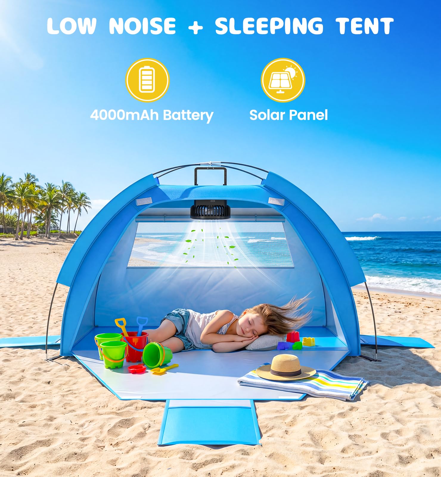Dsquu Baby Beach Tent Solar Cooling Fan, Anti-UV Toddler Beach Tent Sun Shelter Portable Travel Fan Beach Shade Tent, Baby Play Tent Built-in Ceiling Fan Sun Shelters Toddler Beach Essentials Blue