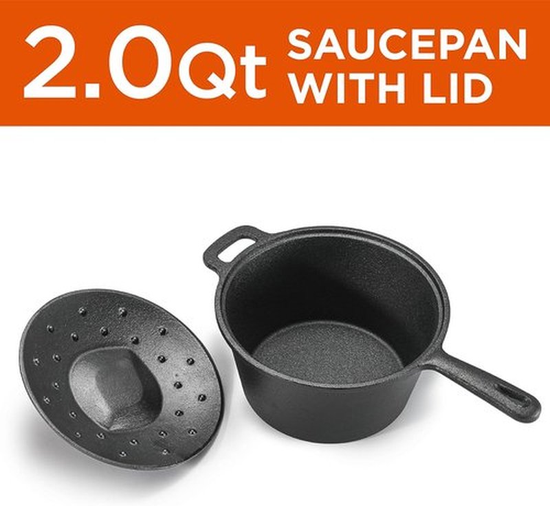Commercial Chef 2-Qt. Cast Iron Saucepan with Lid - Pre-Seasoned, Works on All Cooktops & Grills
