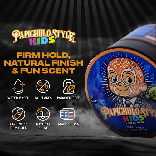 Papichulo Style Kids Pomade – Medium Hold, Medium Shine, Adds Volume – Kid-Friendly Scent, Water-Based, Flake-Free, Easy Washout, Paraben-Free – Made in USA
