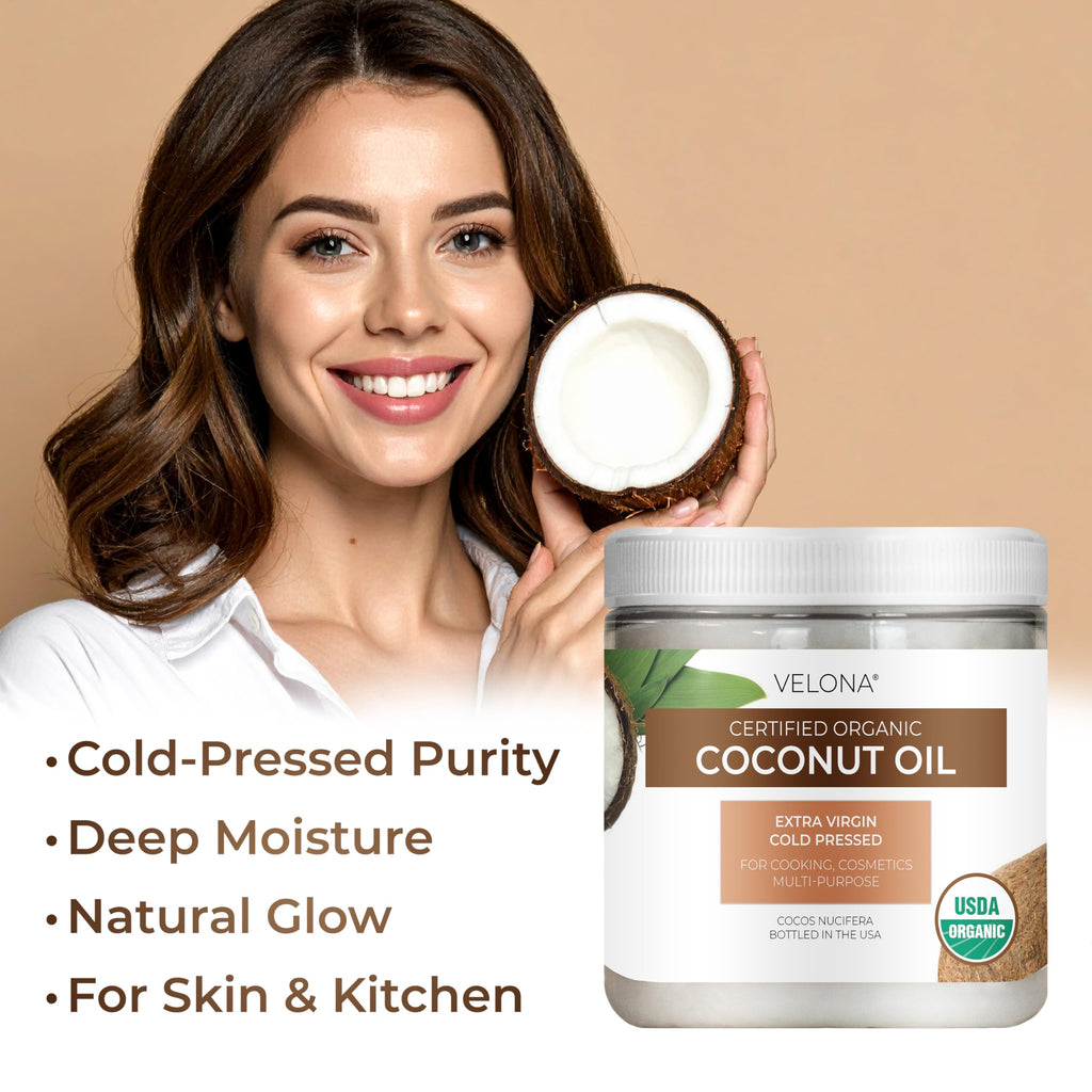 Velona USDA Certified Organic Coconut Oil Extra Virgin - 8 fl oz | Food and Cosmetic Grade | in jar | Extra Virgin, Cold Pressed