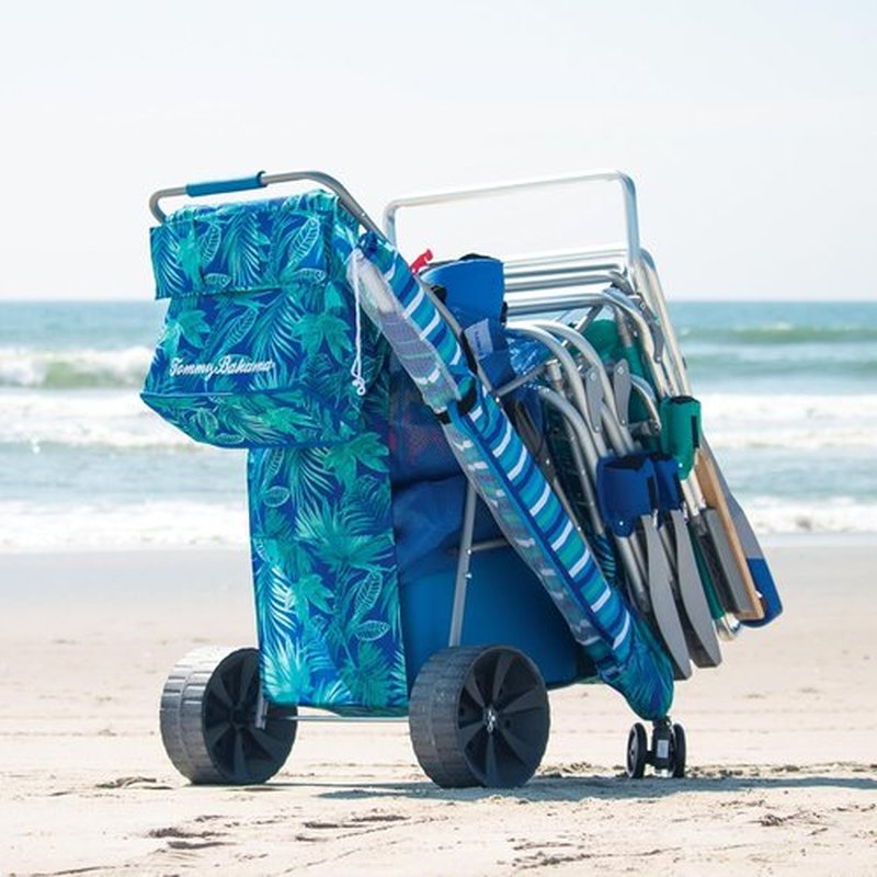 Tommy Bahama Beach Cart - Deluxe Folding Caddy for Towels & Accessories | Holds 48-Quart Cooler & 4 Chairs - Blue