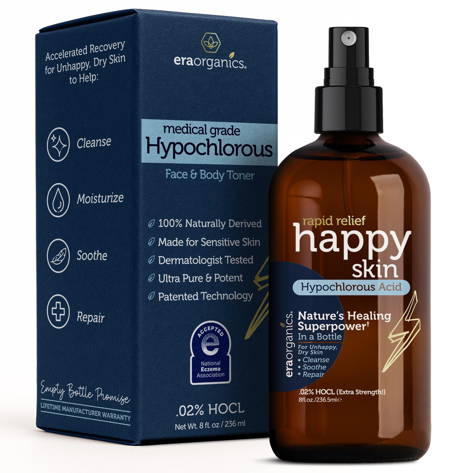 Happy Skin .02% Hypochlorous Acid Spray Toner– Extra Strength, Extra Gentle 100% Natural Toner & Skin Cleanser for Face & Body– Soothe, Hydrate & Repair Dry, Sensitive Skin– pH Balanced, Non-Toxic 8oz