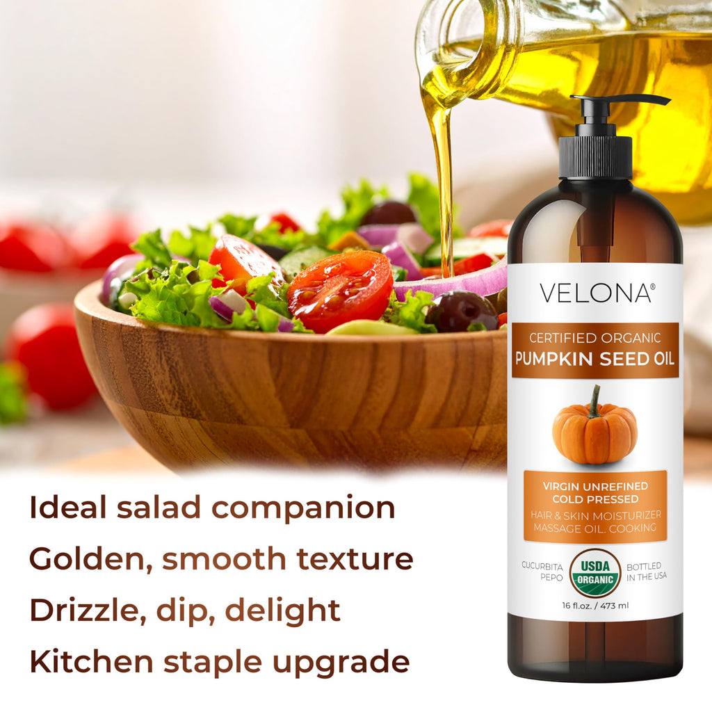 velona Pumpkin Seed Oil USDA Certified Organic - 32 fl oz | 100% Pure and Natural Carrier Oil | Unrefined, Cold Pressed | Cooking, Face, Hair, Body & Skin Care | Use Today - Enjoy Result