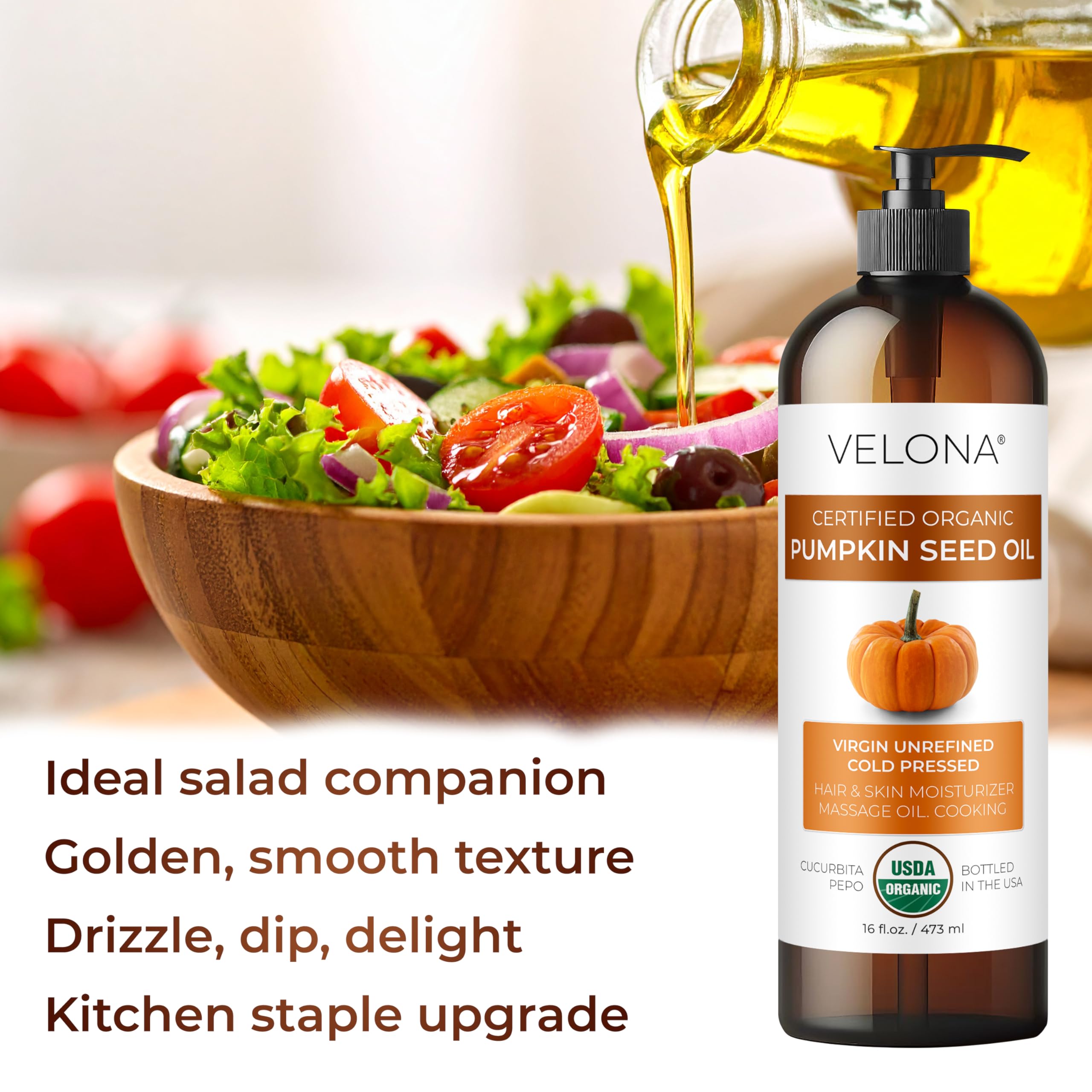 velona Pumpkin Seed Oil USDA Certified Organic - 32 fl oz | 100% Pure and Natural Carrier Oil | Unrefined, Cold Pressed | Cooking, Face, Hair, Body & Skin Care | Use Today - Enjoy Result