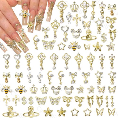 50 Pcs Gold Nail Charms, Gold Dangle Star Heart Bows Nail Charms and Gems Metal Bees Butterfly Crown Planet Cross Dollar Sign Golden Nails Art Supplies for Women DIY Accessories