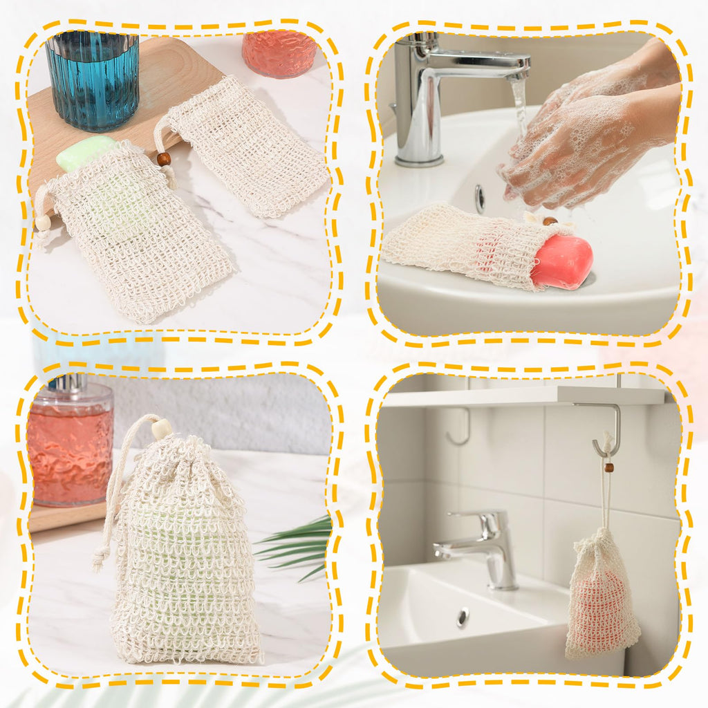 Aysatogc 6 Pack Soap Bag, Natural Sisal Soap Saver Bag Exfoliating Sisal Soaps Pouch with Drawstring Bar Shower Soaps Saver Bags Foaming and Drying Holder for Shower