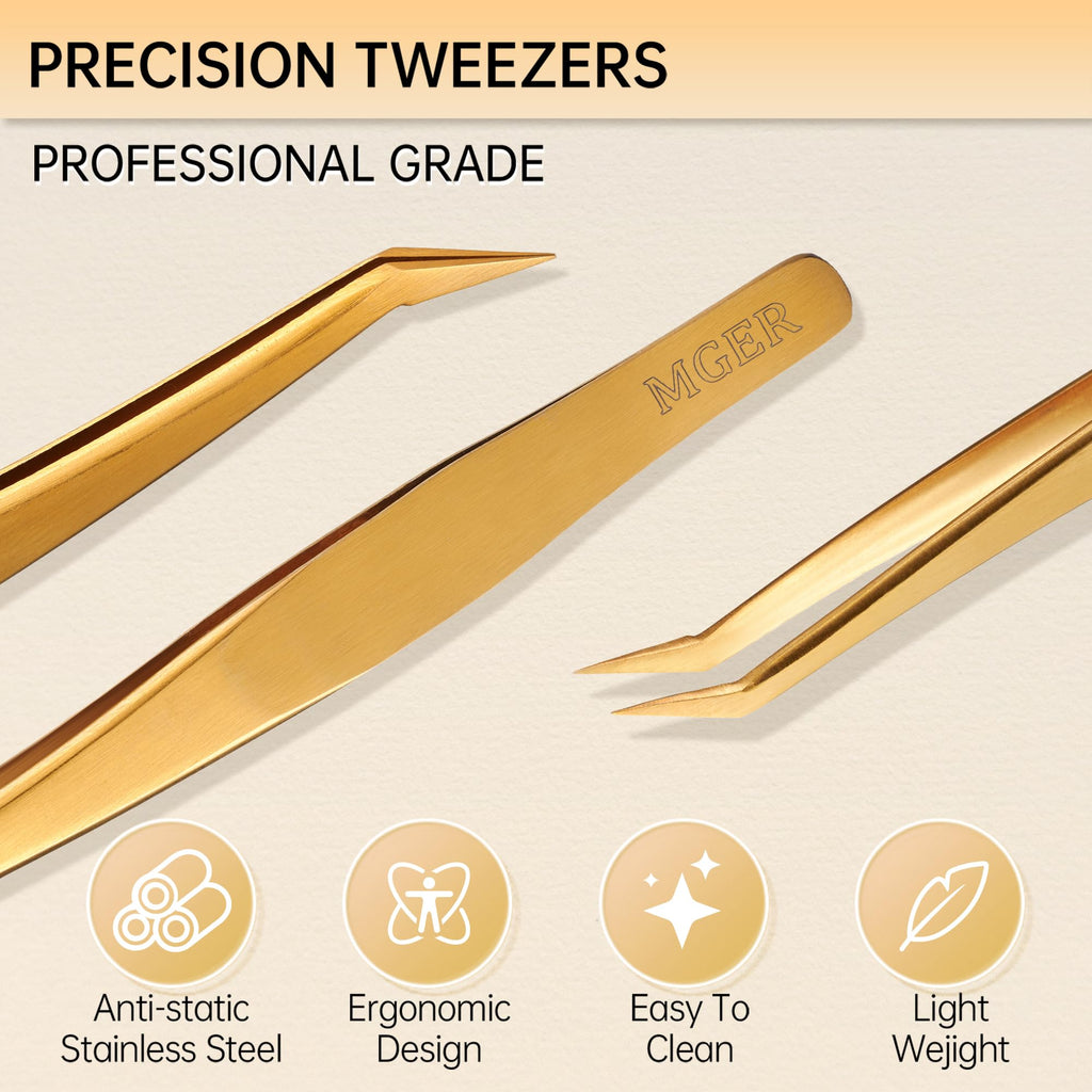 MGER Lash Tweezers for Eyelash Extension-Professional Lashing Tweezers for Mega Volume Mink Eyelashes Extensions Applying, Gold tweezers