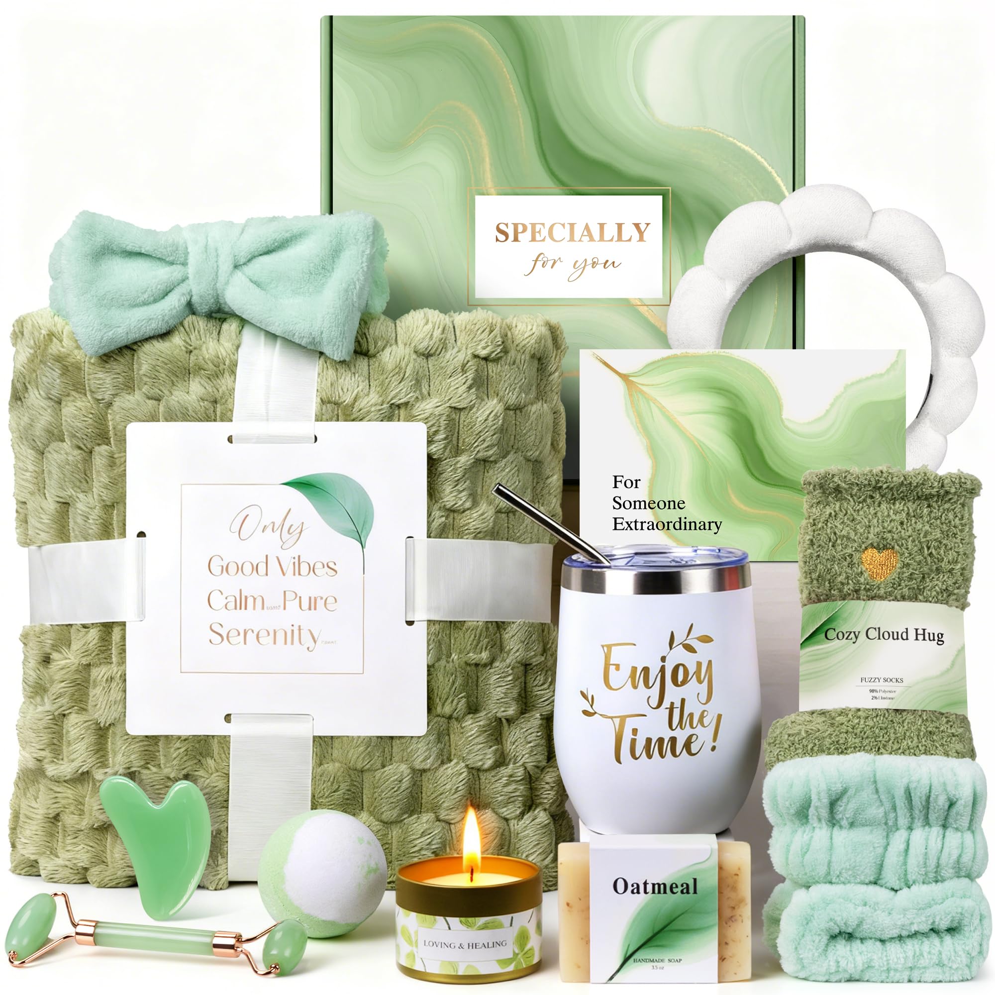 Self Care Kit - Spa Gifts Self Care Relaxation Gifts for Women Self Care Basket Set Stress Relief Get Well Soon Gift Baskets for Women Cozy Relaxing Gifts for Woman Mom Best Friends Sister Wife, Green