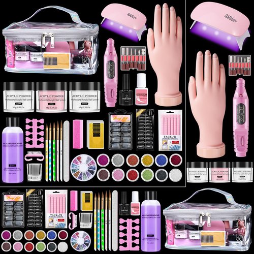 Nail Kit for Beginners with Everything: Practice Hand Acrylic Nail Set Professional Powder Drill Liquid Starter Kits with U V Lamp in Cosmetic Gift Bag for Women Salon Home (Sliver)