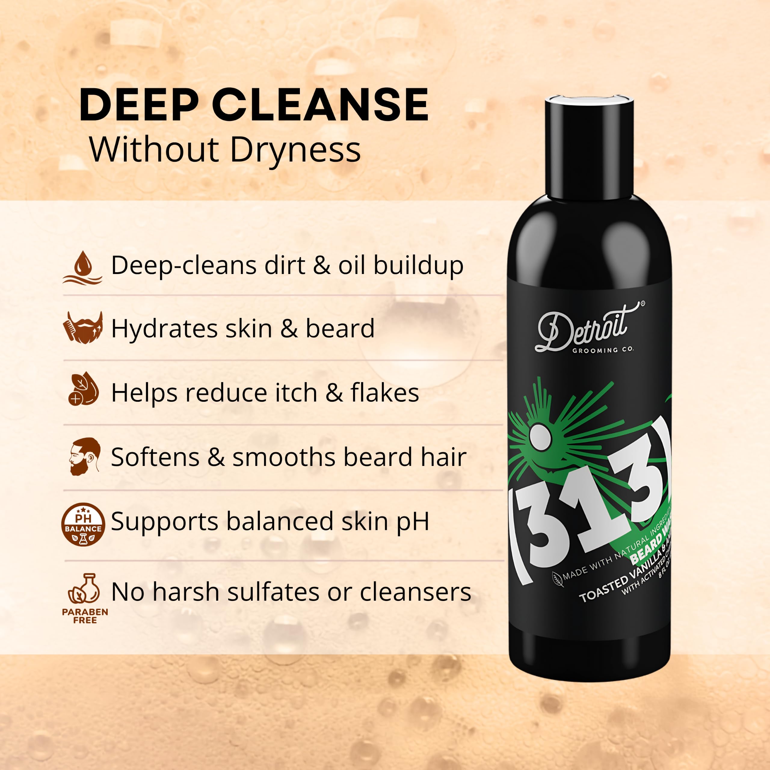 Detroit Grooming Co. Beard Wash - Men's Beard Shampoo - Deeply Cleanses & Refreshes Beards - Aloe Vera with Essential Oils - Beard & Mustache Cleanser - Toasted Vanilla & Amber Scent - 313-8oz
