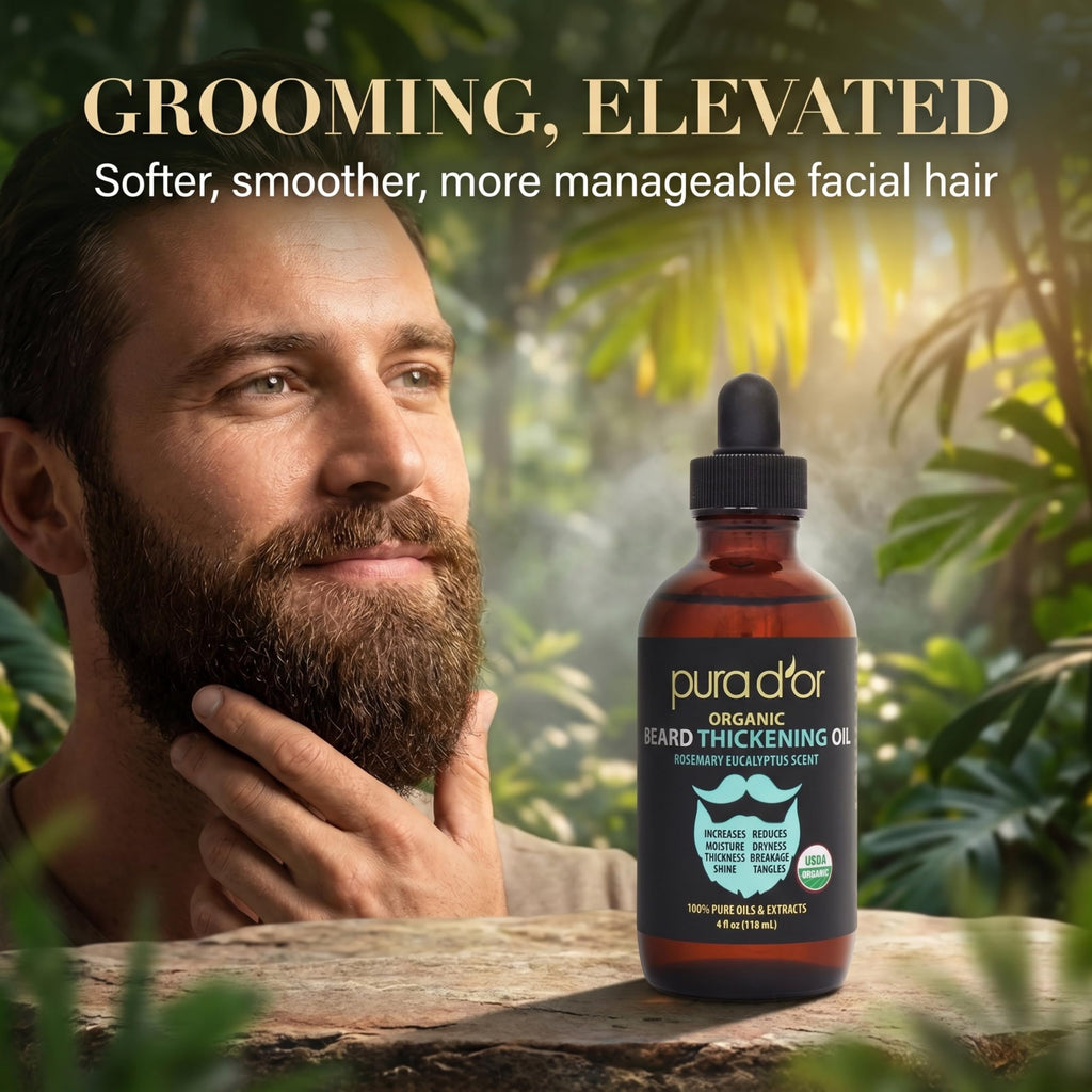 PURA D'OR 4 Oz Thickening Beard Oil – Moisturizing Blend with Rosemary, Biotin & Castor Oil – Increases Moisture, Thickness and Shine - Reduces Dryness and Breakage
