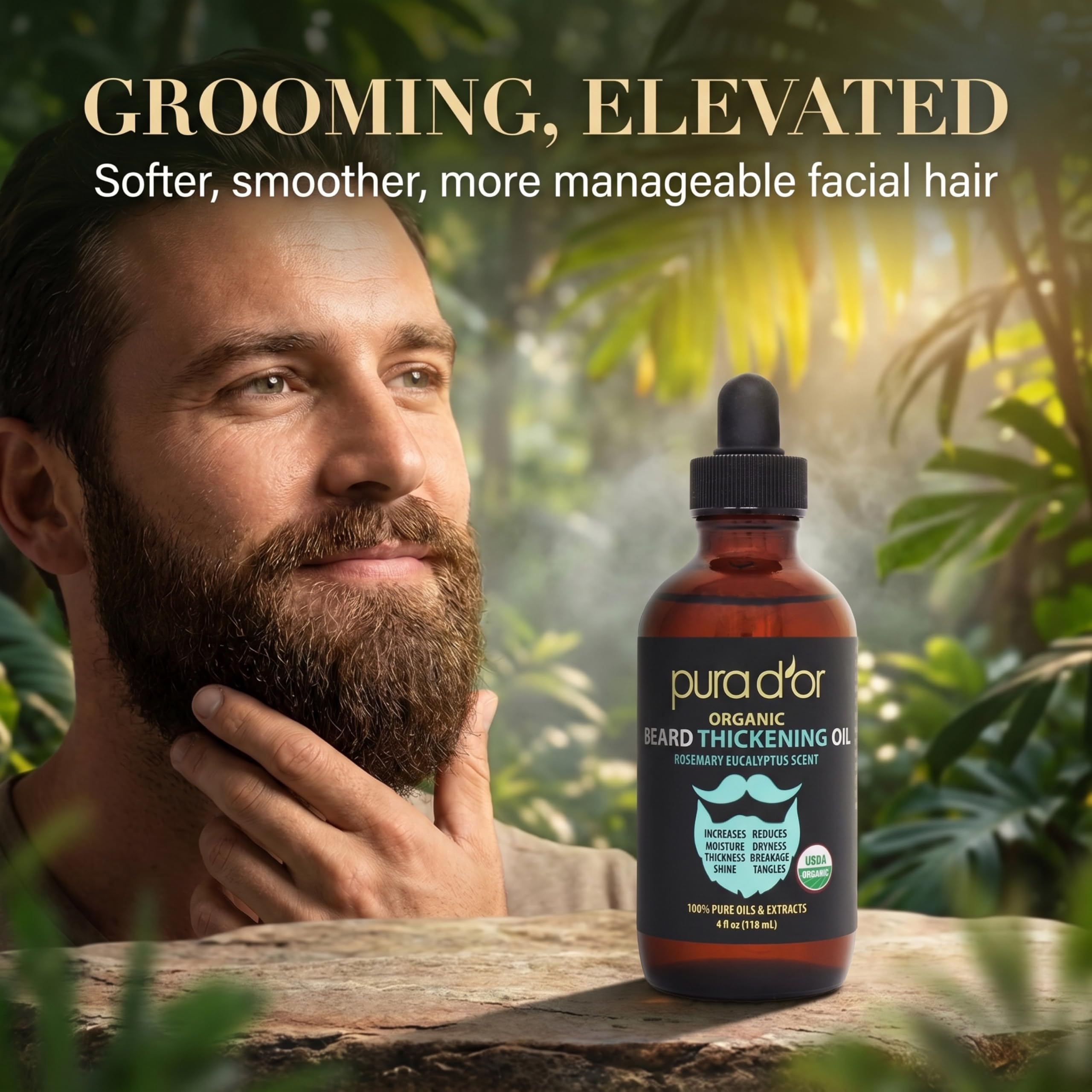 PURA D'OR 4 Oz Thickening Beard Oil – Moisturizing Blend with Rosemary, Biotin & Castor Oil – Increases Moisture, Thickness and Shine - Reduces Dryness and Breakage