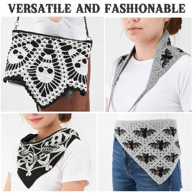 JATEBI 4 Pcs Skull Headbands Bat Crochet Bandanas Headband Spiderweb Gothic Head Scarf Knitted Triangle Hairband Halloween Hair Styling Accessories for Women