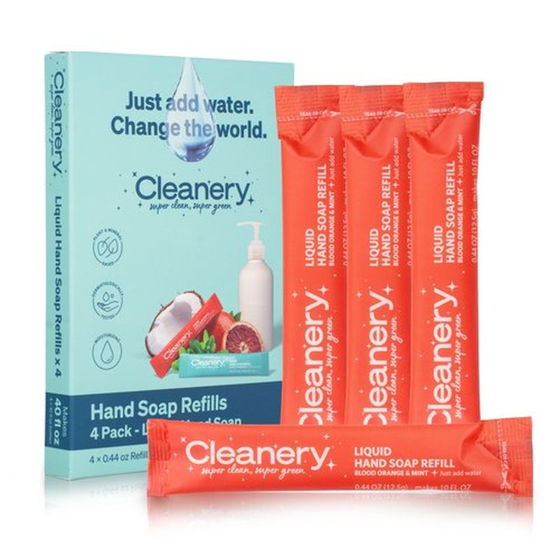 Cleanery Moisturizing Hand Soap Refill Powder Concentrate 4 Pack, 10 fl oz Refill, Blood Orange & Mint